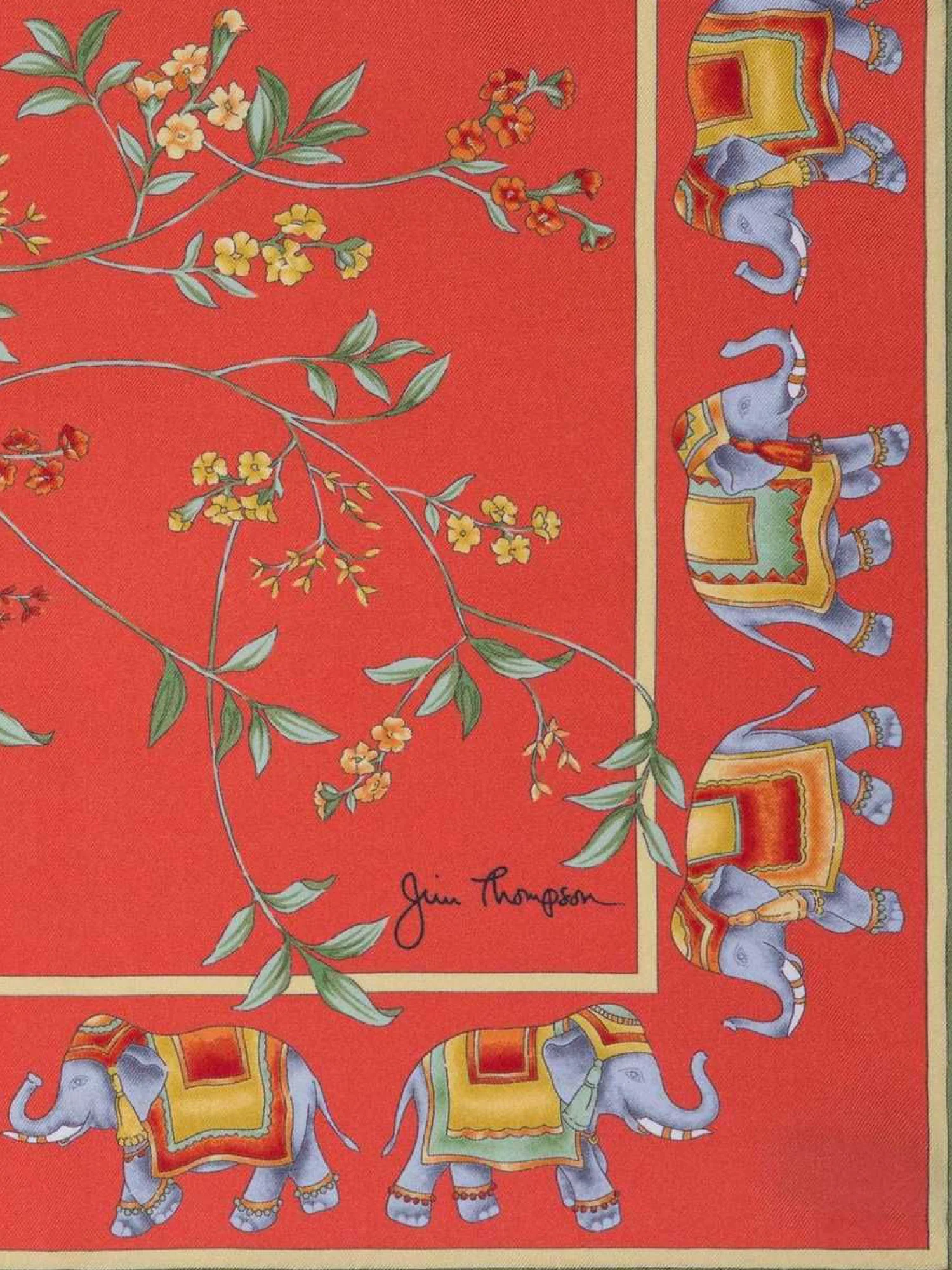 Floral With Elephant Border Silk Twill Printed Scarf - Image 2