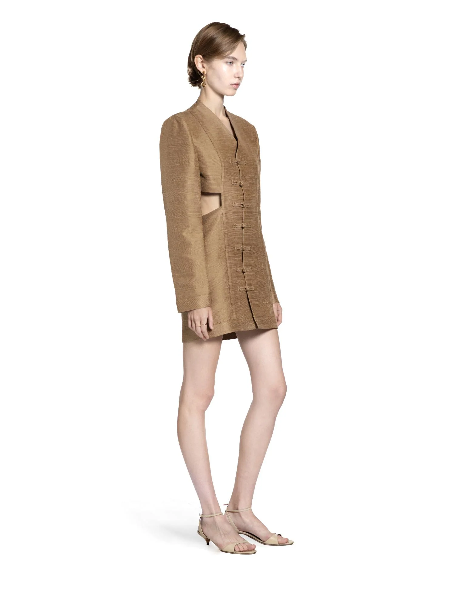 Silk Mandarin-Button Cut-Out Mini Dress - Image 3