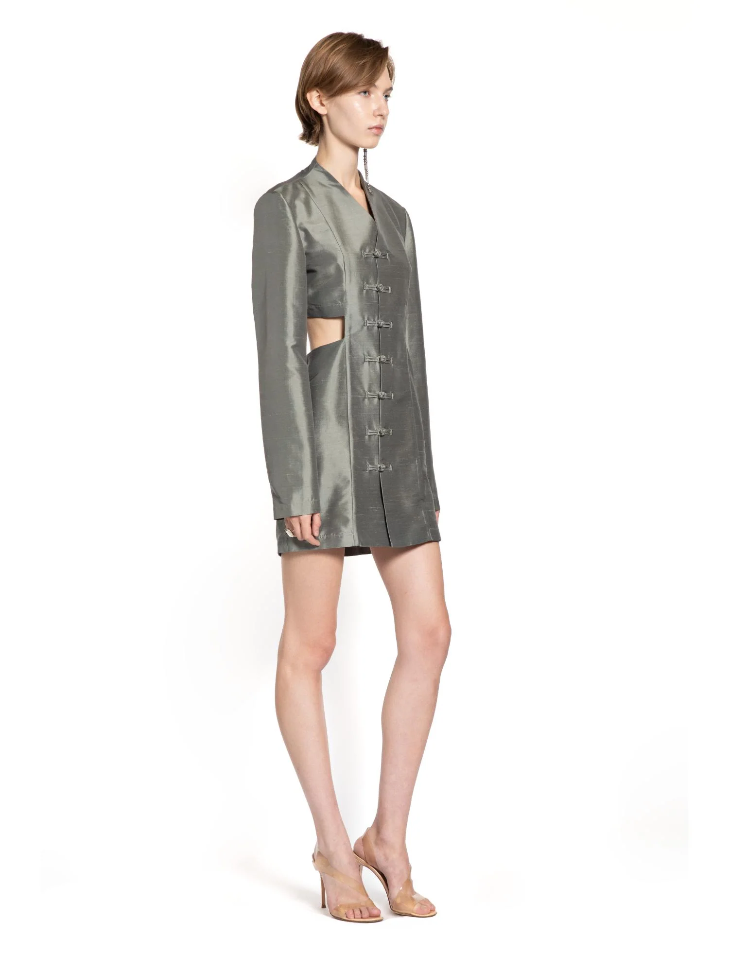 Silk Mandarin-Button Cut-Out Mini Dress - Image 3