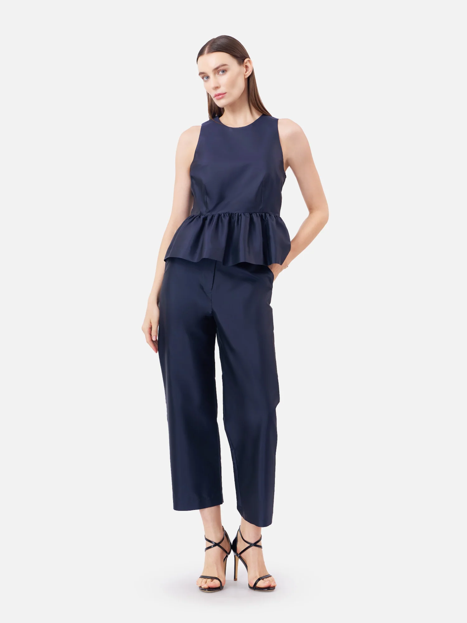 Solid Silk Sleeveless Peplum Top - Image 5