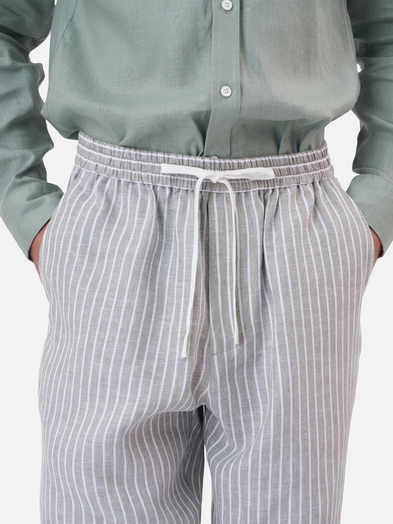 Striped Linen Elastic Waist Trousers - Image 3
