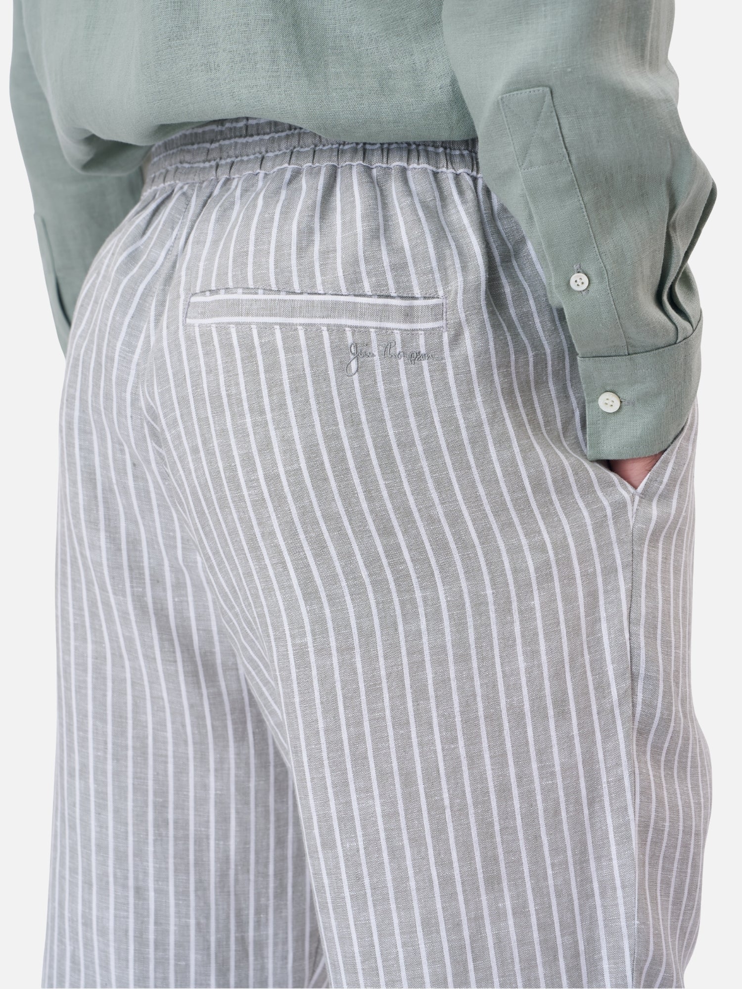 Striped Linen Elastic Waist Trousers - Image 4