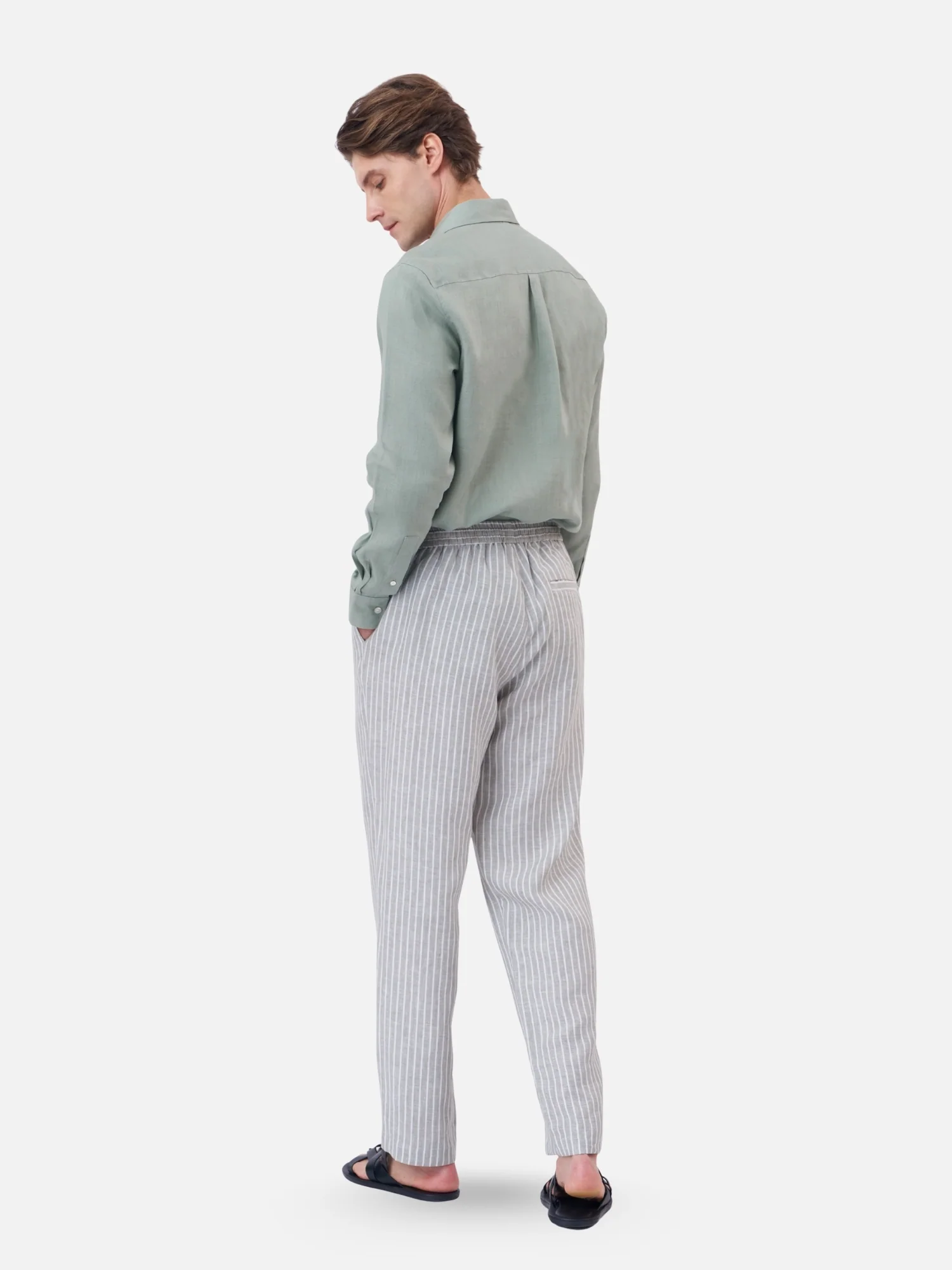 Striped Linen Elastic Waist Trousers - Image 5
