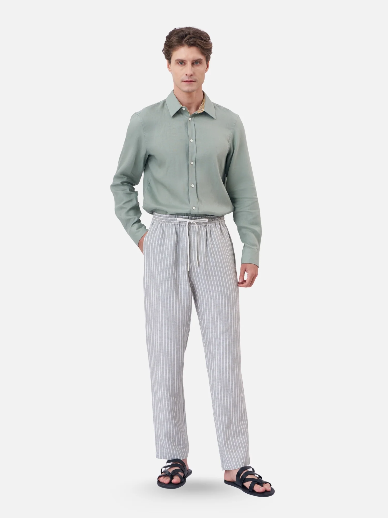 Striped Linen Elastic Waist Trousers - Image 6