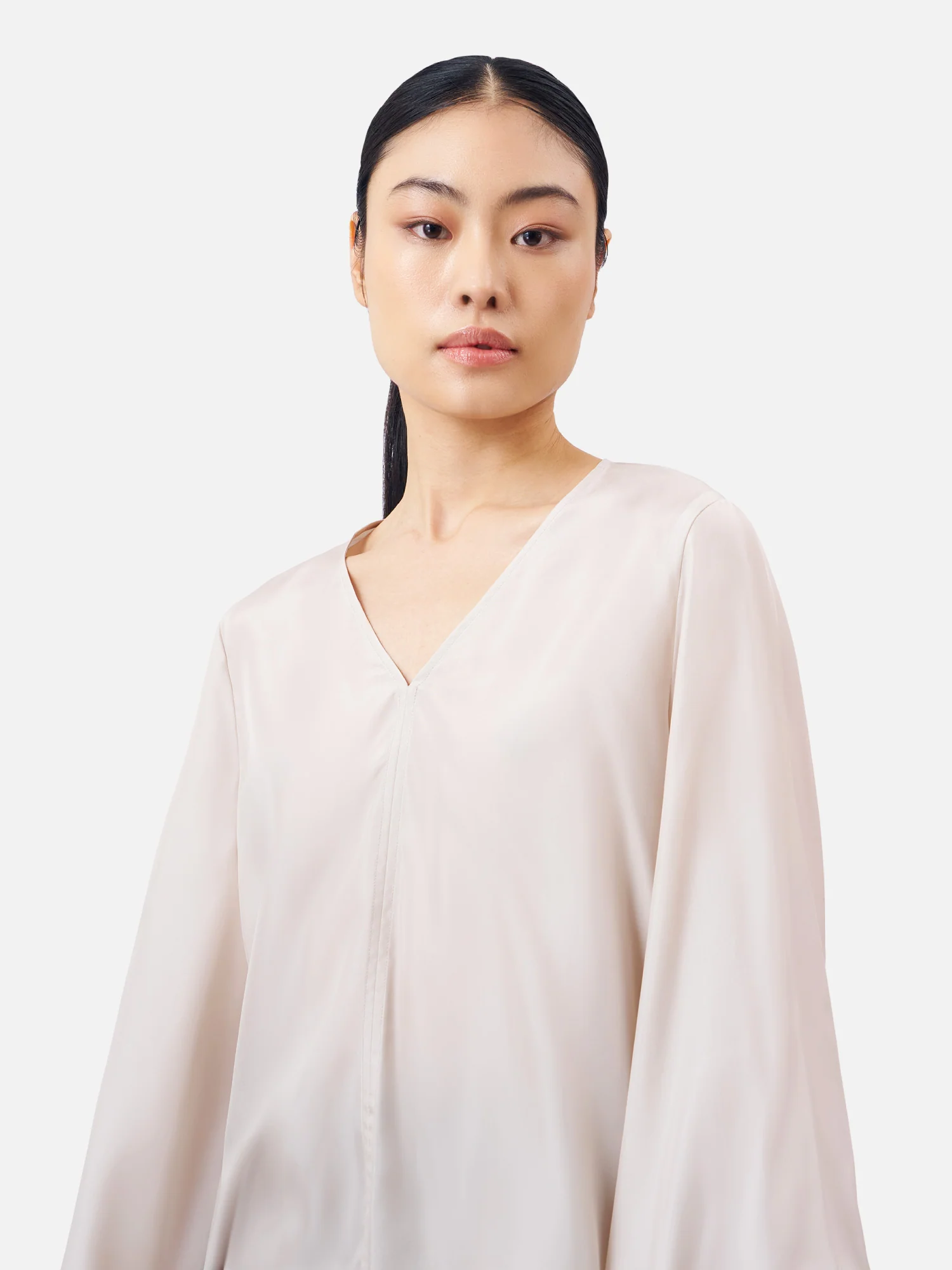 V-Neck Puff Sleeve Silk Blouse - Image 3